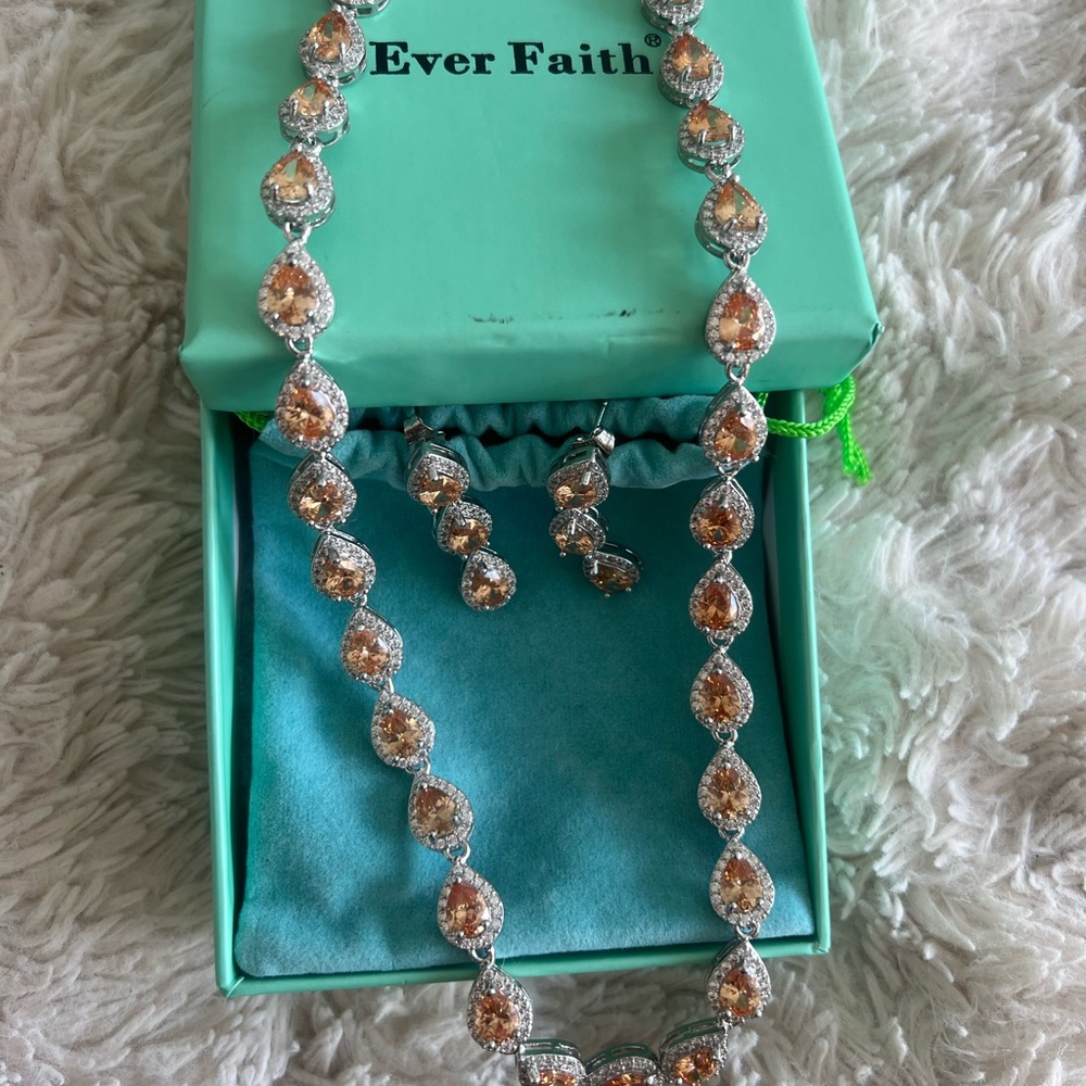 Women's Full CZ Elegant Teardrop Necklace & Earrings Set Topaz Color Silver-Tone